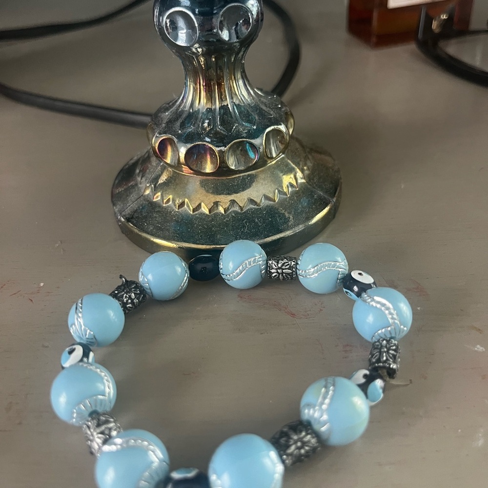 Unisex Handmade in Rhodes Greece Blue and Silver Beaded Bracelet evil eye beads